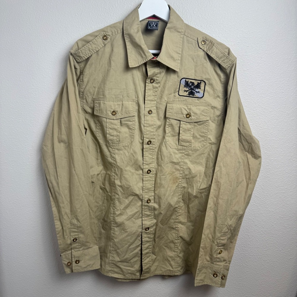 Avirex Military Button Down Shirt Large Regular Khaki Tan Eagle Patch Epaulettes
